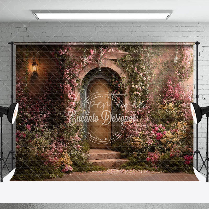 Aperturee - Aperturee Romantic Garden Photography Backdrop with Stone Archway Rustic Door Pink Roses and Vintage Lantern