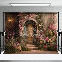 Aperturee - Aperturee Romantic Garden Photography Backdrop with Stone Archway Rustic Door Pink Roses and Vintage Lantern
