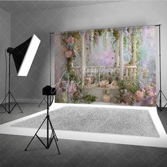 Aperturee - Aperturee Romantic Garden Wooden Archway Photography Backdrop Pink Blue Pastel Flowers Ethereal Wisteria Vines for Celebrations