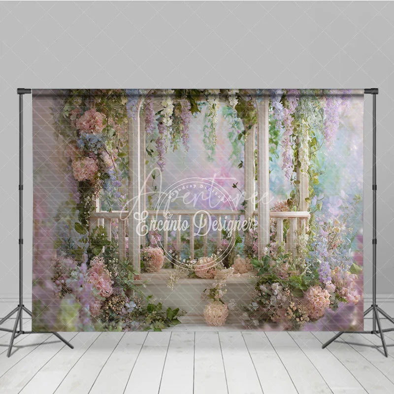 Aperturee - Aperturee Romantic Garden Wooden Archway Photography Backdrop Pink Blue Pastel Flowers Ethereal Wisteria Vines for Celebrations