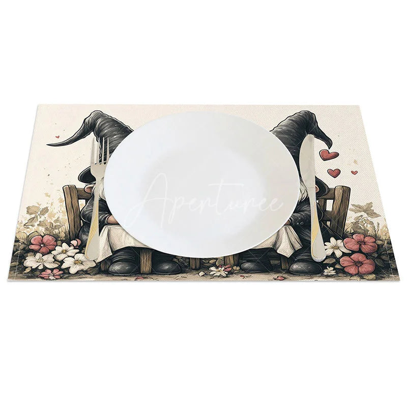 Aperturee - Aperturee Romantic Gnome Dinner Set of 4 Placemats Valentine Couple Decoration Candlelight Meal Table Mat
