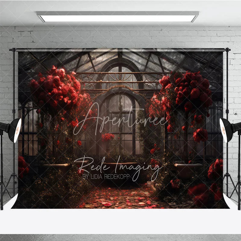 Aperturee - Aperturee Romantic Greenhouse Valentine Day Backdrop Red Roses Glass House Garden Background Wedding Photography Studio Prop