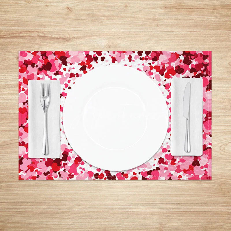 Aperturee - Aperturee Romantic Love Confetti Set of 4 Placemats Pink and Red Hearts Dining Table Mats for Valentines Day Decor