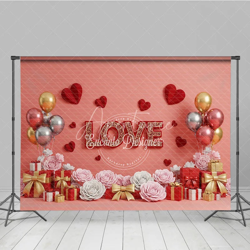Aperturee - Aperturee Romantic Love Gift Box Backdrop Red 3D Text Balloons Paper Hearts Background Valentine Day Photography Decoration