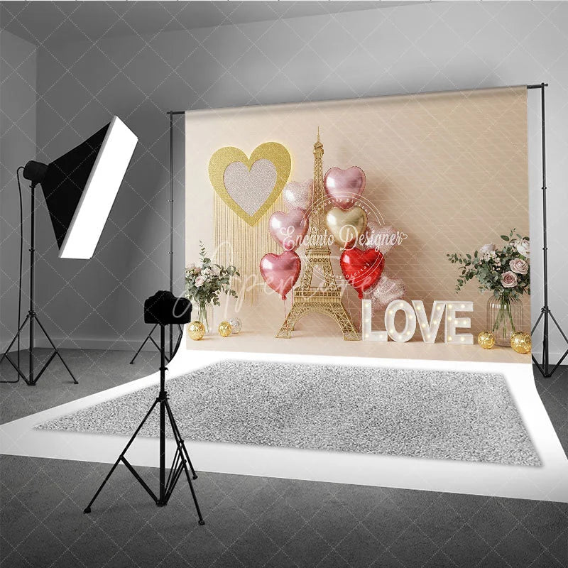 Aperturee - Aperturee Romantic Paris Eiffel Tower Valentine Day Backdrop Love Letters Gold Heart Balloons Background Wedding Photography