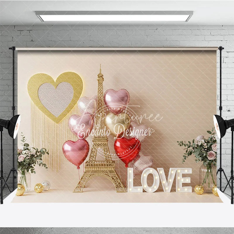 Aperturee - Aperturee Romantic Paris Eiffel Tower Valentine Day Backdrop Love Letters Gold Heart Balloons Background Wedding Photography