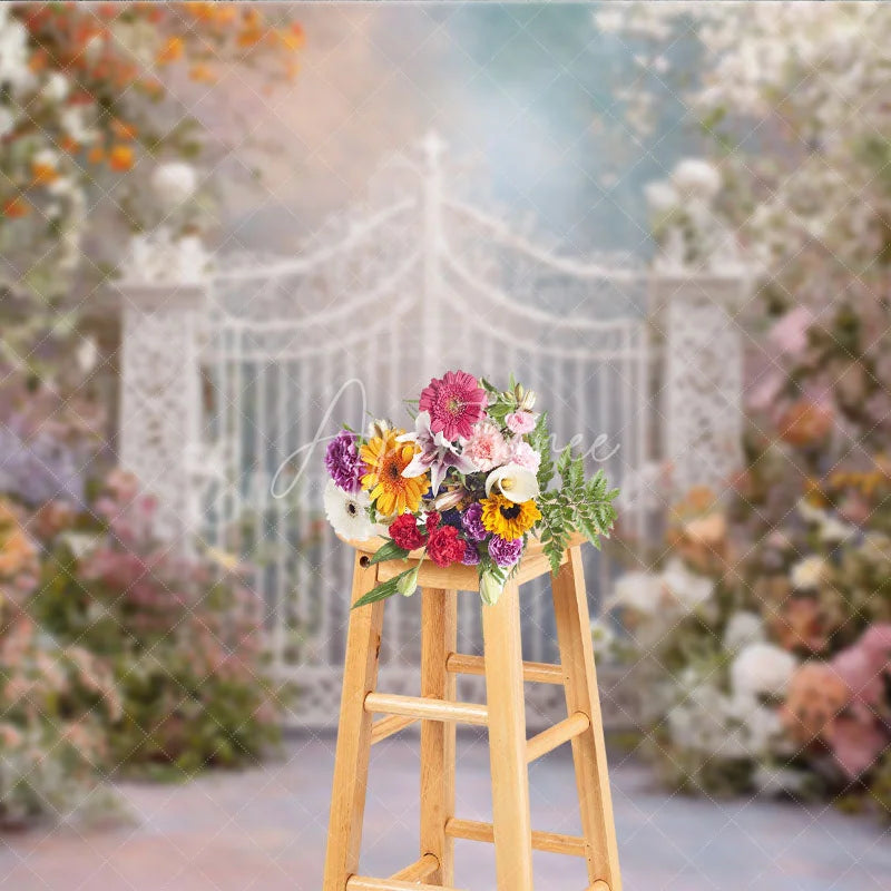 Aperturee - Aperturee Romantic Pastel Floral Enchanted Garden Gate Photography Backdrop Whimsical Archway for Wedding Fairy Tale Party