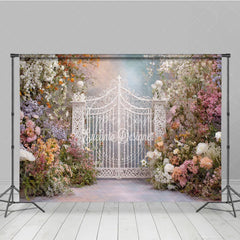 Aperturee - Aperturee Romantic Pastel Floral Enchanted Garden Gate Photography Backdrop Whimsical Archway for Wedding Fairy Tale Party
