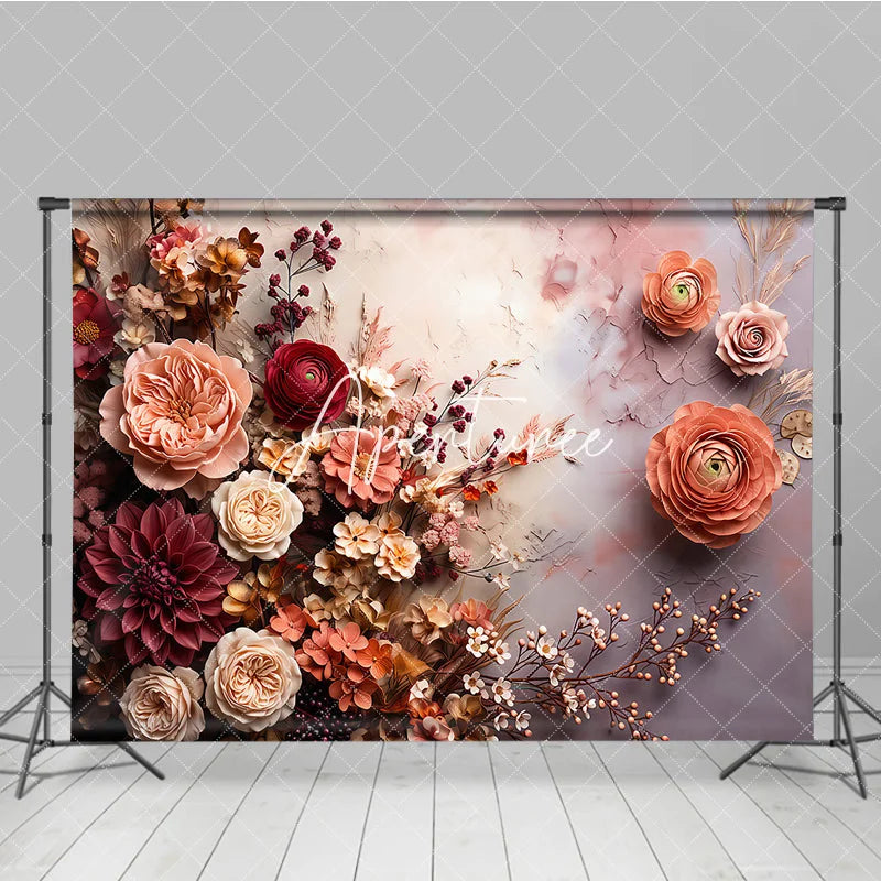 Aperturee - Aperturee Romantic Peach and Burgundy Floral Photography Backdrop Elegant Roses Dahlias Ranunculus Textured Art