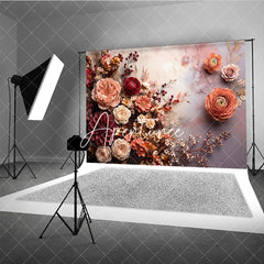 Aperturee - Aperturee Romantic Peach and Burgundy Floral Photography Backdrop Elegant Roses Dahlias Ranunculus Textured Art