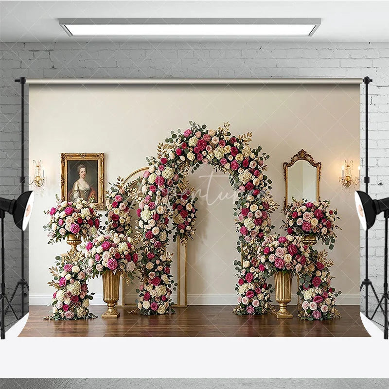 Aperturee - Aperturee Romantic Pink and White Roses Floral Arch Photography Backdrop Elegant Golden Leaves Wedding Party Decor