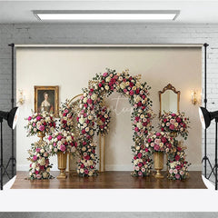 Aperturee - Aperturee Romantic Pink and White Roses Floral Arch Photography Backdrop Elegant Golden Leaves Wedding Party Decor