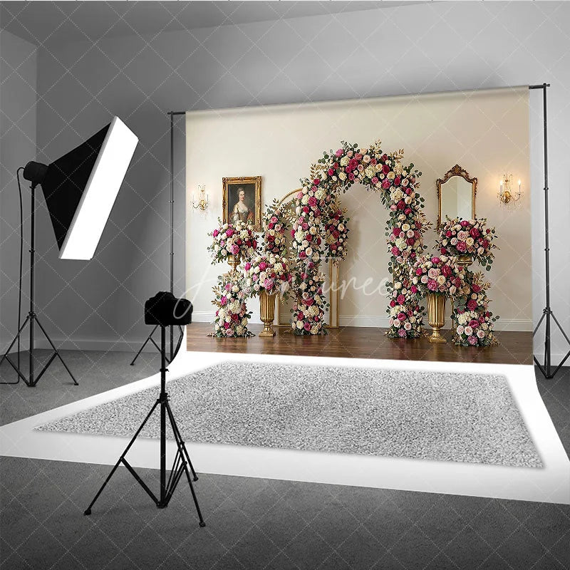 Aperturee - Aperturee Romantic Pink and White Roses Floral Arch Photography Backdrop Elegant Golden Leaves Wedding Party Decor