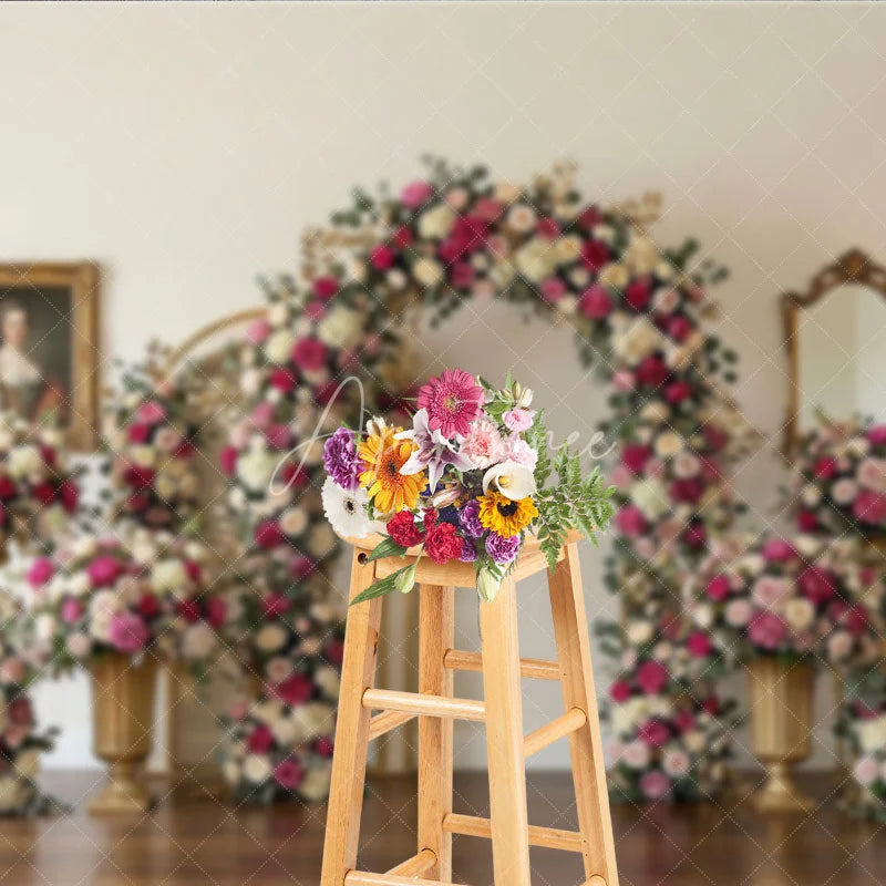 Aperturee - Aperturee Romantic Pink and White Roses Floral Arch Photography Backdrop Elegant Golden Leaves Wedding Party Decor