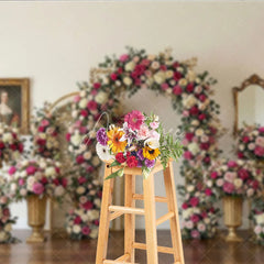 Aperturee - Aperturee Romantic Pink and White Roses Floral Arch Photography Backdrop Elegant Golden Leaves Wedding Party Decor