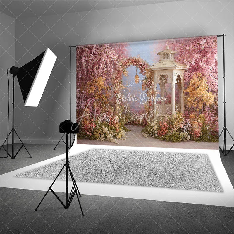 Aperturee - Aperturee Romantic Pink and Yellow Floral Arch Garden Photography Backdrop Spring Gazebo with Lanterns for Photoshoot