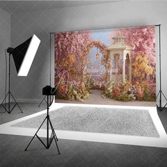 Aperturee - Aperturee Romantic Pink and Yellow Floral Arch Garden Photography Backdrop Spring Gazebo with Lanterns for Photoshoot