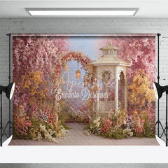 Aperturee - Aperturee Romantic Pink and Yellow Floral Arch Garden Photography Backdrop Spring Gazebo with Lanterns for Photoshoot