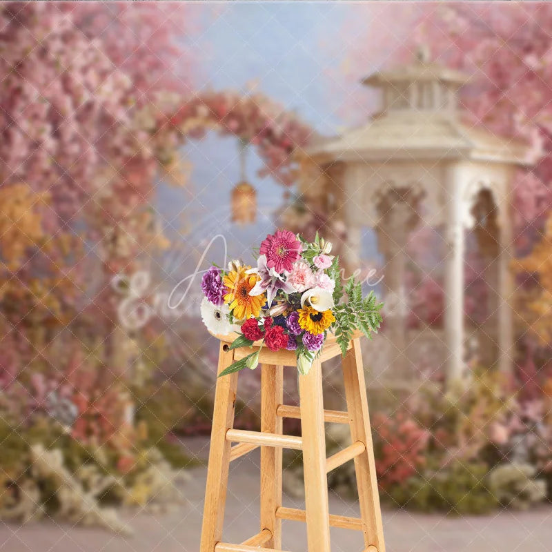Aperturee - Aperturee Romantic Pink and Yellow Floral Arch Garden Photography Backdrop Spring Gazebo with Lanterns for Photoshoot