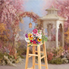 Aperturee - Aperturee Romantic Pink and Yellow Floral Arch Garden Photography Backdrop Spring Gazebo with Lanterns for Photoshoot