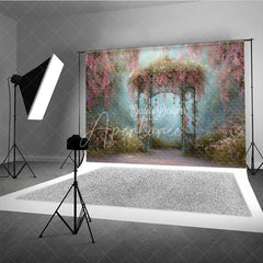 Aperturee - Aperturee Romantic Pink Floral Vines and Ornate Gazebo Photography Backdrop Enchanted Garden Dreamy Portrait Background