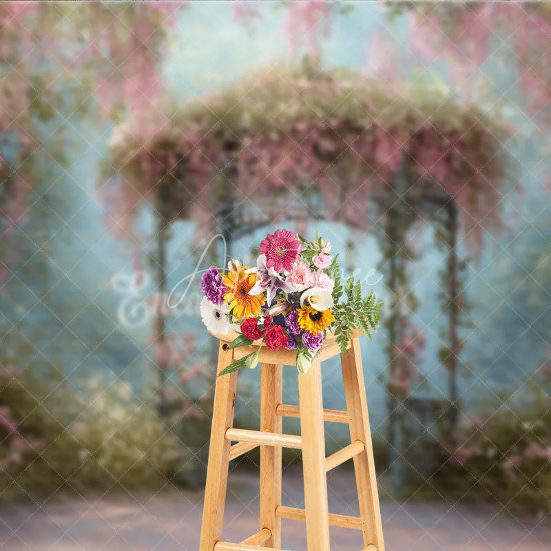 Aperturee - Aperturee Romantic Pink Floral Vines and Ornate Gazebo Photography Backdrop Enchanted Garden Dreamy Portrait Background