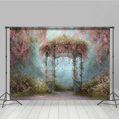 Aperturee - Aperturee Romantic Pink Floral Vines and Ornate Gazebo Photography Backdrop Enchanted Garden Dreamy Portrait Background