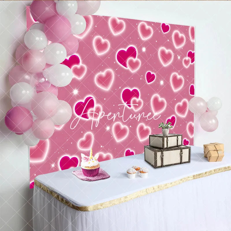 Aperturee - Aperturee Romantic Pink Glowing Hearts and Sparkles Y2K Birthday Backdrop Sweet Celebration Party Decoration.
