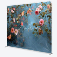 Aperturee - Aperturee Romantic Pink Peach Roses and Green Leaves Square Double-Sided Backdrop Elegant Floral Photography Background