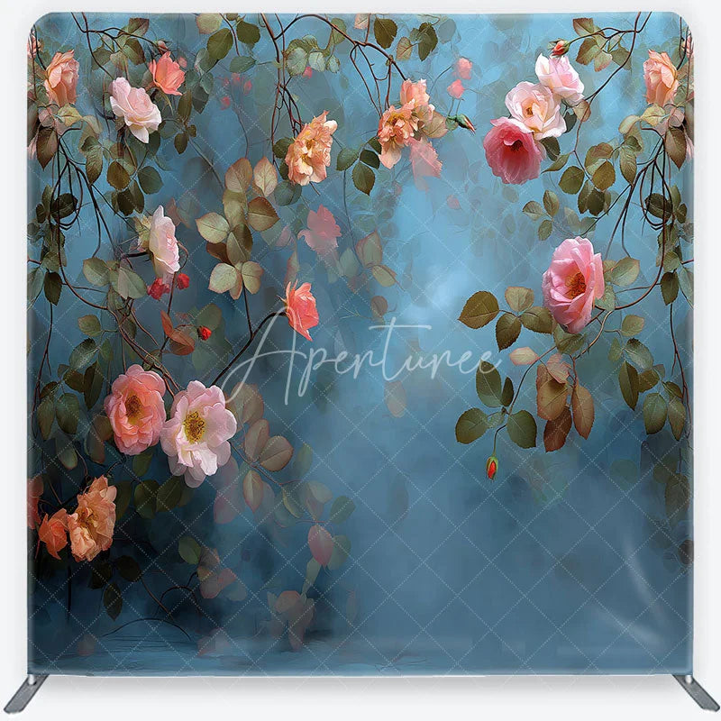 Aperturee - Aperturee Romantic Pink Peach Roses and Green Leaves Square Double-Sided Backdrop Elegant Floral Photography Background