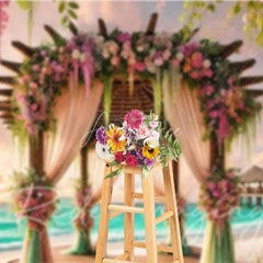 Aperturee - Aperturee Romantic Pink Purple Floral Wedding Arch Backdrop Tropical Beach Sunset Ocean Photography Background