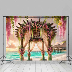 Aperturee - Aperturee Romantic Pink Purple Floral Wedding Arch Backdrop Tropical Beach Sunset Ocean Photography Background