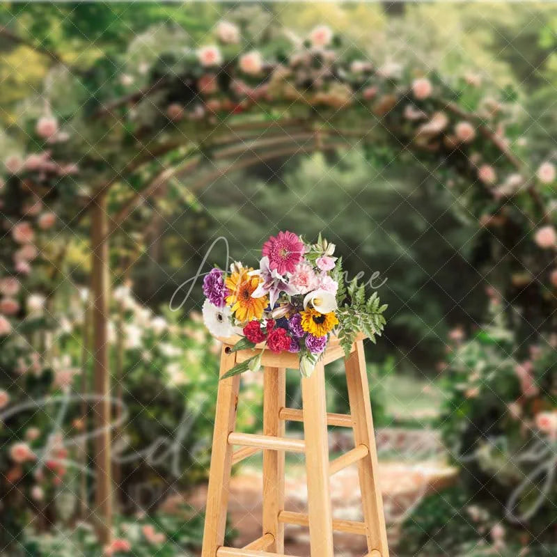 Aperturee - Aperturee Romantic Pink Roses Floral Archway Backdrop Lush Greenery Garden Wedding Ceremony Decor