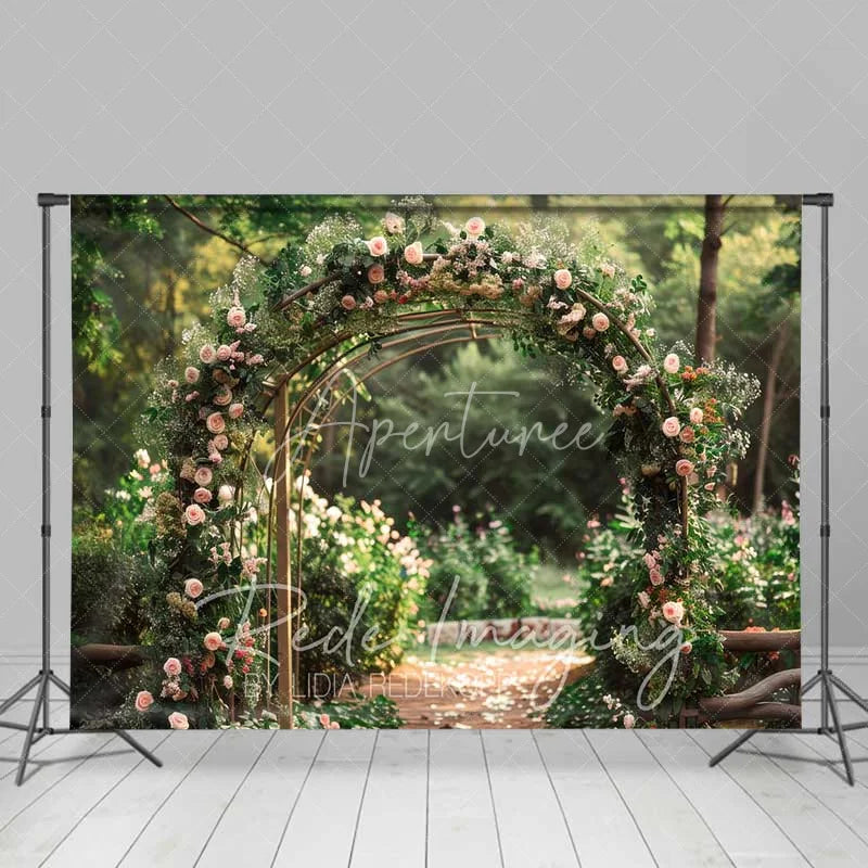 Aperturee - Aperturee Romantic Pink Roses Floral Archway Backdrop Lush Greenery Garden Wedding Ceremony Decor