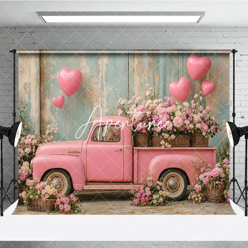 Aperturee - Aperturee Romantic Pink Vintage Truck with Heart Balloons and Flowers Photography Backdrop Rustic Wall Valentine’s Day Theme