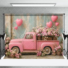 Aperturee - Aperturee Romantic Pink Vintage Truck with Heart Balloons and Flowers Photography Backdrop Rustic Wall Valentine’s Day Theme