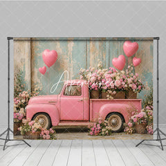 Aperturee - Aperturee Romantic Pink Vintage Truck with Heart Balloons and Flowers Photography Backdrop Rustic Wall Valentine’s Day Theme