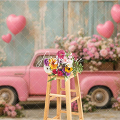 Aperturee - Aperturee Romantic Pink Vintage Truck with Heart Balloons and Flowers Photography Backdrop Rustic Wall Valentine’s Day Theme