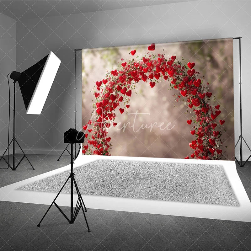 Aperturee - Aperturee Romantic Red Hearts and Floral Arch Photography Backdrop perfect for Valentine’s Day Wedding or Engagement