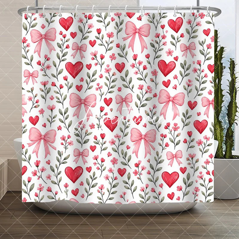 Aperturee - Aperturee Romantic Red Hearts and Pink Bows Floral Shower Curtain Green Leaves Pattern for Valentine’s Day Bathroom Decor