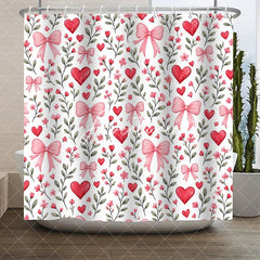 Aperturee - Aperturee Romantic Red Hearts and Pink Bows Floral Shower Curtain Green Leaves Pattern for Valentine’s Day Bathroom Decor