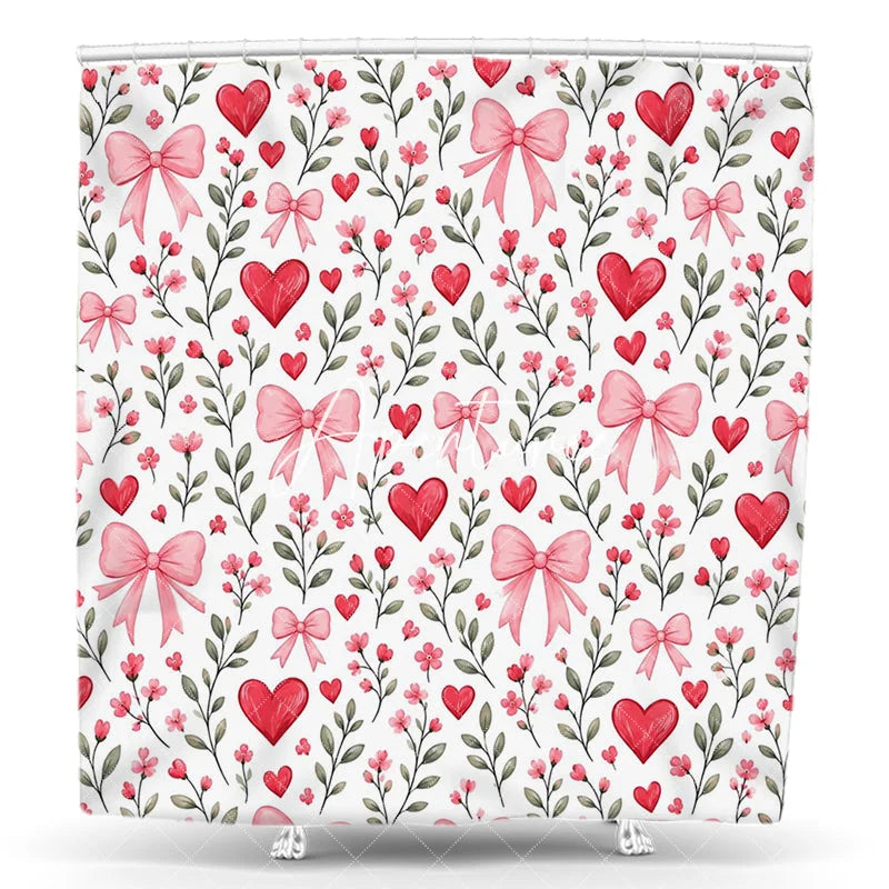 Aperturee - Aperturee Romantic Red Hearts and Pink Bows Floral Shower Curtain Green Leaves Pattern for Valentine’s Day Bathroom Decor