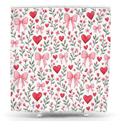 Aperturee - Aperturee Romantic Red Hearts and Pink Bows Floral Shower Curtain Green Leaves Pattern for Valentine’s Day Bathroom Decor