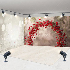 Aperturee - Aperturee Romantic Red Hearts Arch and White Fence Bokeh Lights Room Set Backdrop Valentine’s Day Wedding Decor