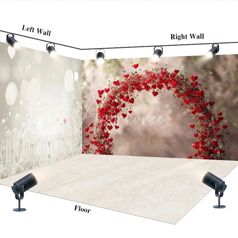 Aperturee - Aperturee Romantic Red Hearts Arch and White Fence Bokeh Lights Room Set Backdrop Valentine’s Day Wedding Decor