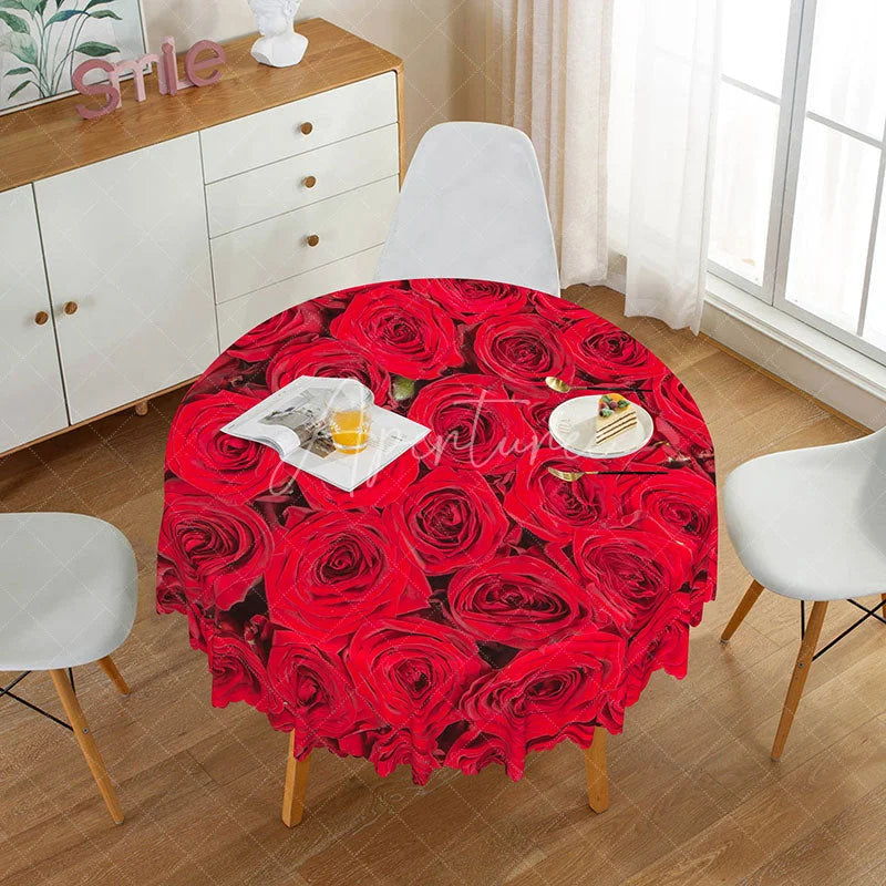 Aperturee - Aperturee Romantic Red Rose Round Tablecloth with Blooming Flowers for Valentine’s Day Wedding or Anniversary