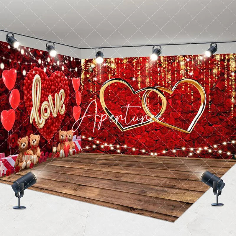 Aperturee - Aperturee Romantic Rose Bear Valentines Day Room Set Backdrop
