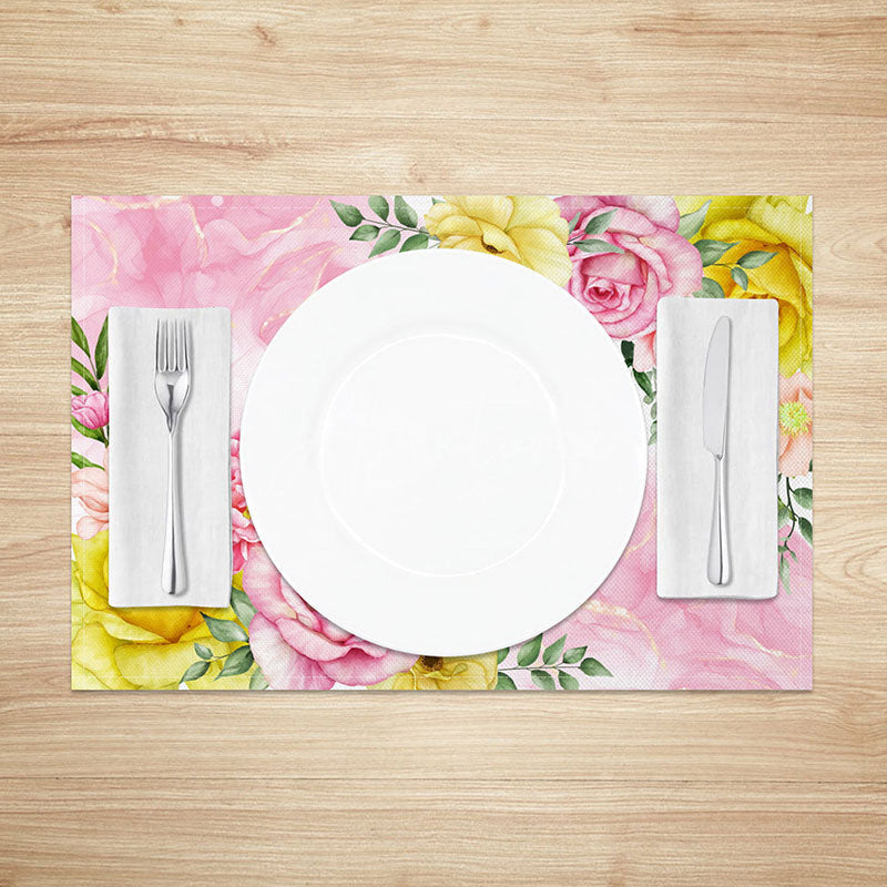 Aperturee - Aperturee Romantic Spring Floral Placemats Set of 4 in Pink and Yellow for Wedding and Bridal Shower Decor