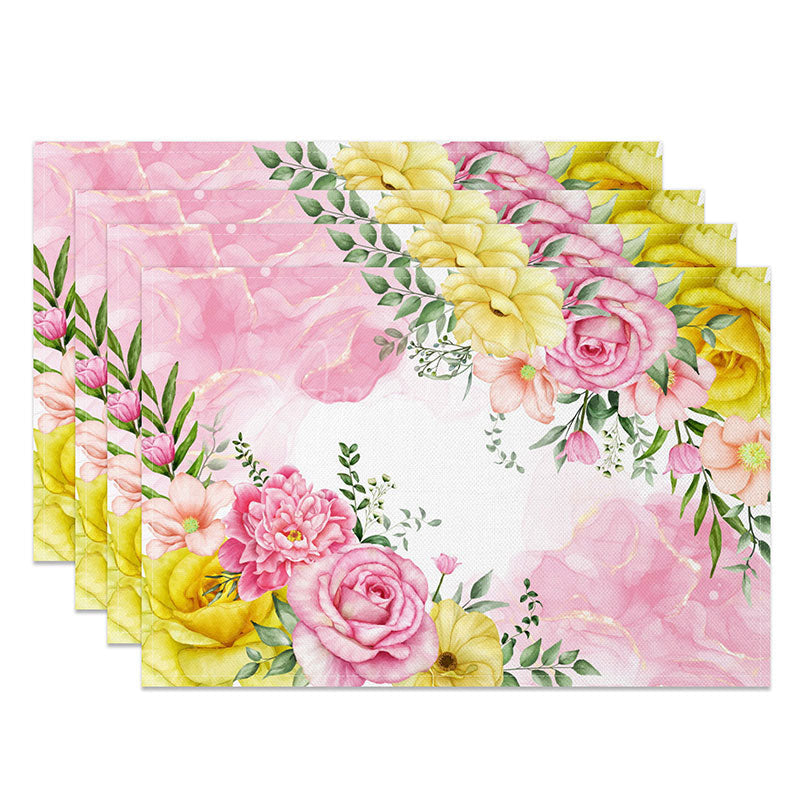 Aperturee - Aperturee Romantic Spring Floral Placemats Set of 4 in Pink and Yellow for Wedding and Bridal Shower Decor