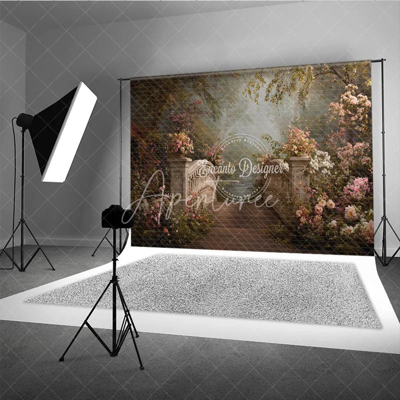 Aperturee - Aperturee Romantic Stone Bridge and Pink Flowers Photography Backdrop Enchanted Garden Forest Path Scene